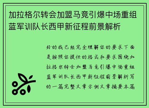 加拉格尔转会加盟马竞引爆中场重组蓝军训队长西甲新征程前景解析
