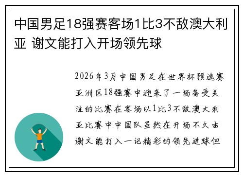 中国男足18强赛客场1比3不敌澳大利亚 谢文能打入开场领先球