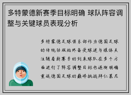 多特蒙德新赛季目标明确 球队阵容调整与关键球员表现分析